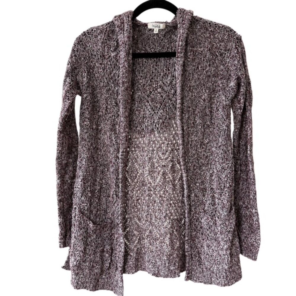Mudd‎ Hooded Cardigan Sweater Womens Small Burgundy Marled Open Knit Pointelle